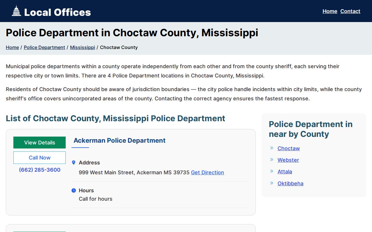 French Camp Police Department contact listing for Choctaw County incident-record requests